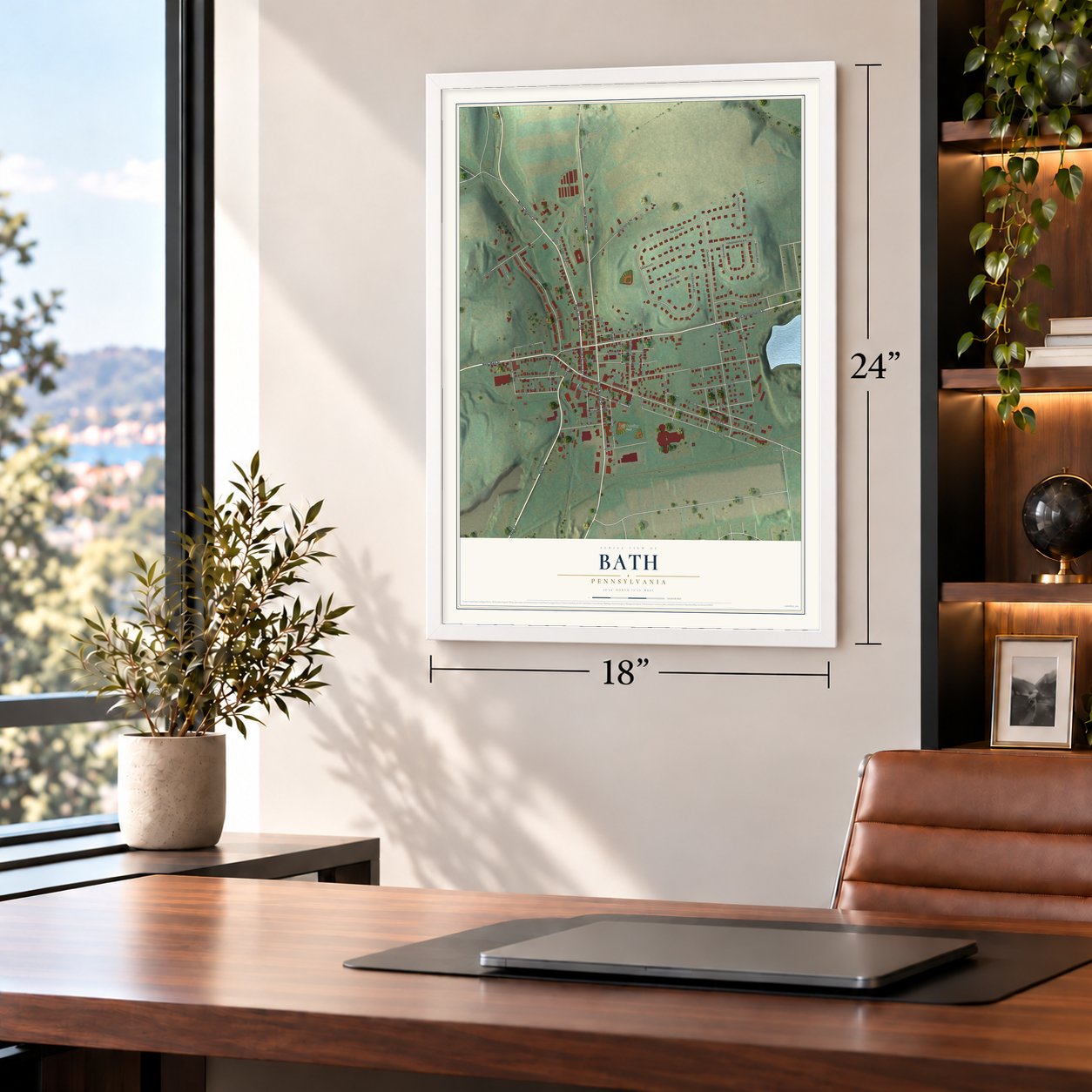 Bath, Pennsylvania map, 18 x 24 inch print in a white frame in a home office
