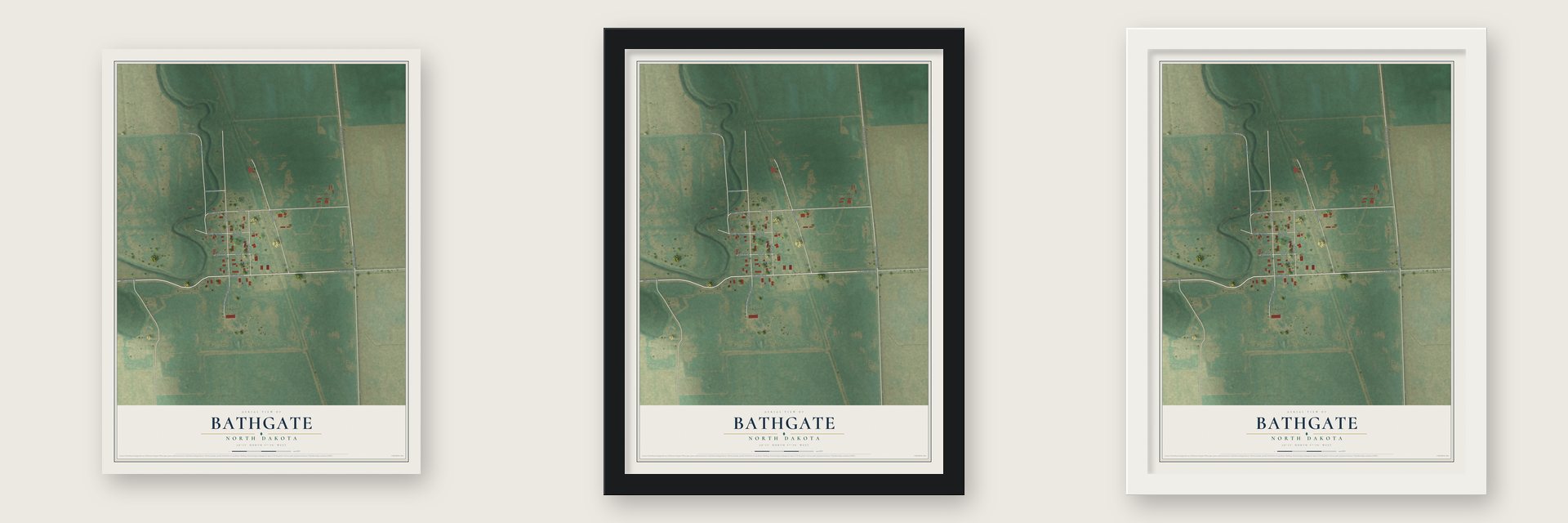 Bathgate, North Dakota map unframed, in a black wood frame and in a white wood frame