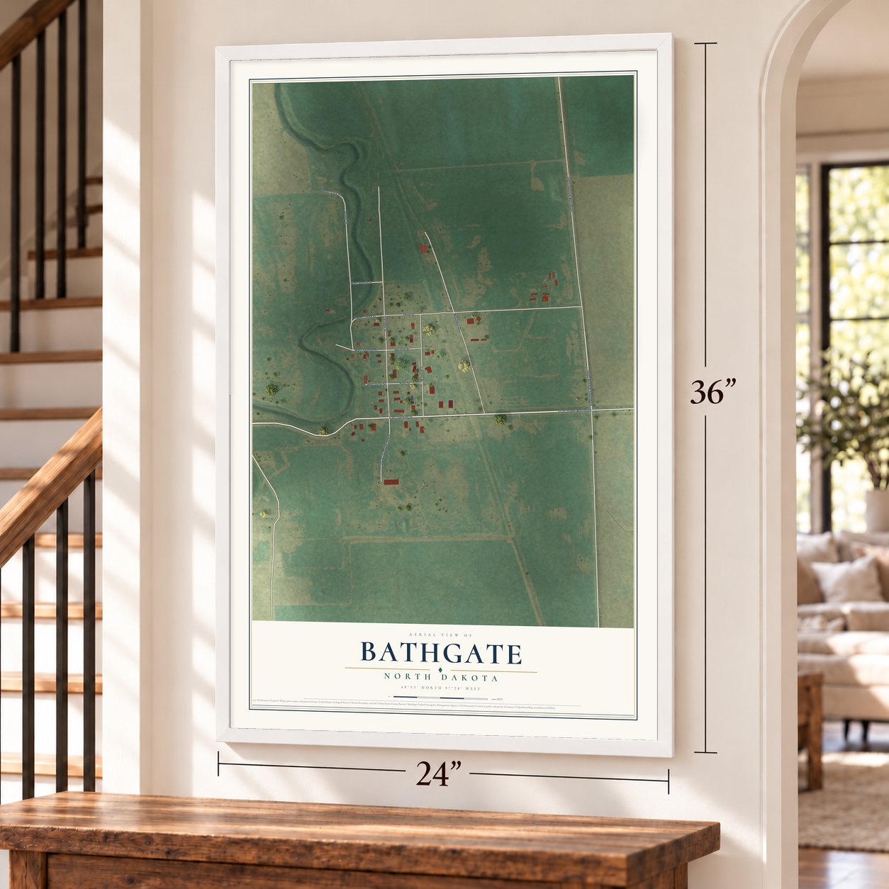 Bathgate, North Dakota map, 24 x 36 inch print in a white frame by a staircase