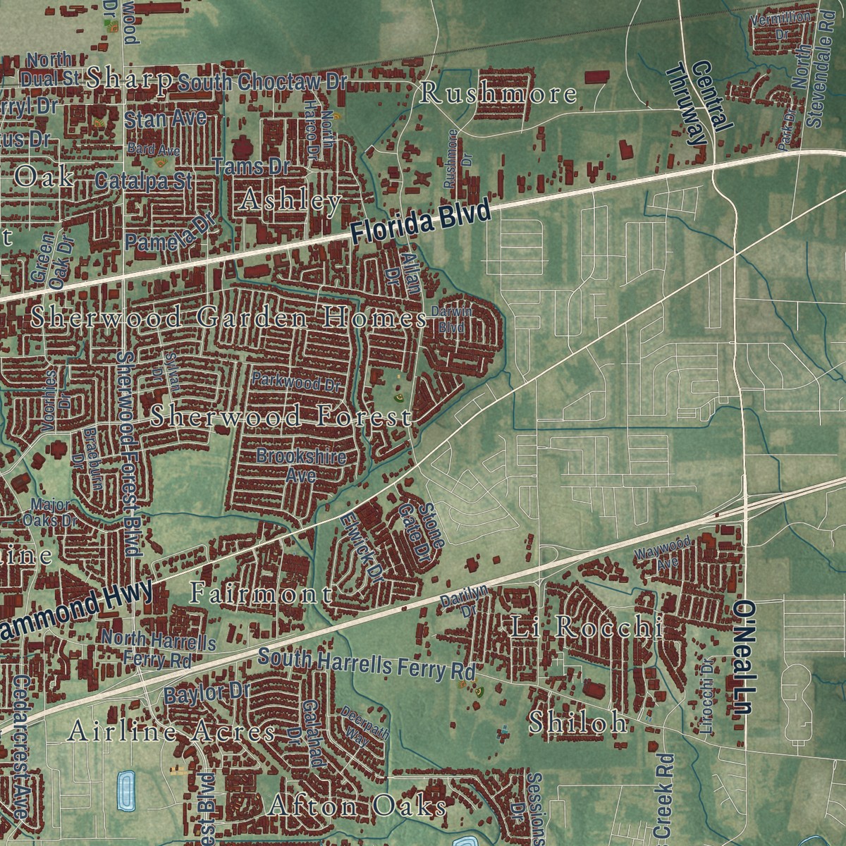 Second close-up of the map of Baton Rouge, Louisiana print showing more streets and buildings