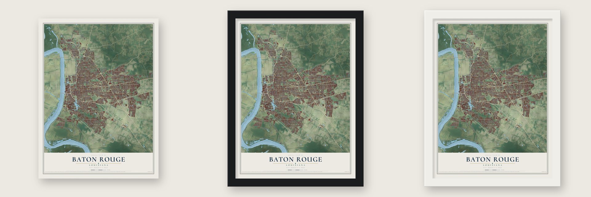 Baton Rouge, Louisiana map unframed, in a black wood frame and in a white wood frame