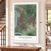 Baton Rouge, Louisiana map, 24 x 36 inch print in a white frame by a staircase