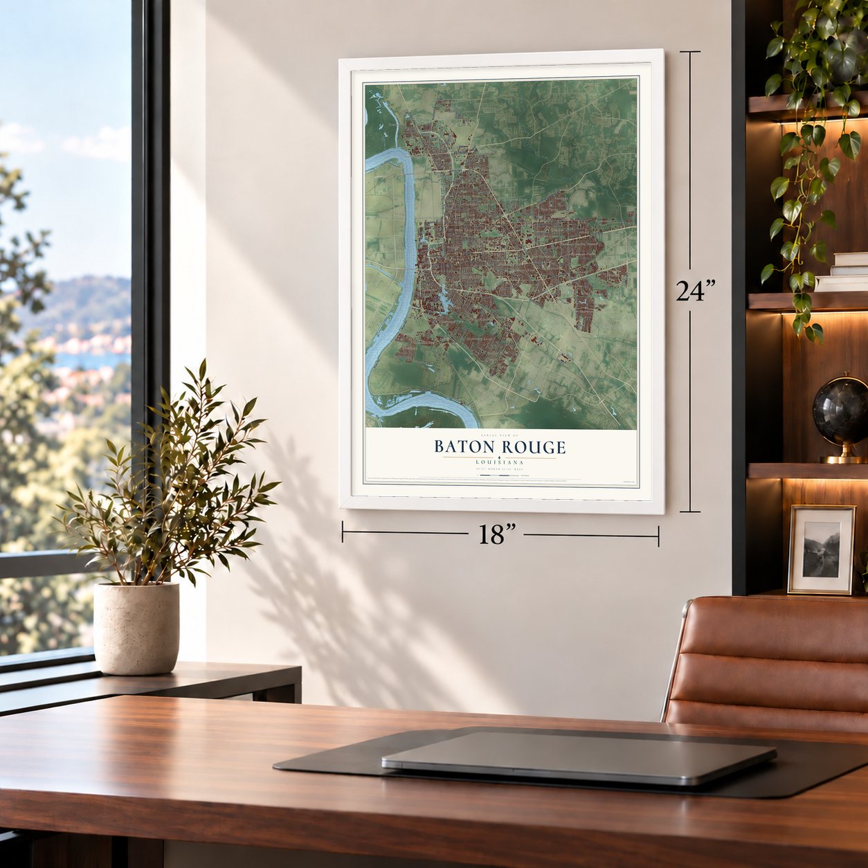 Baton Rouge, Louisiana map, 18 x 24 inch print in a white frame in a home office