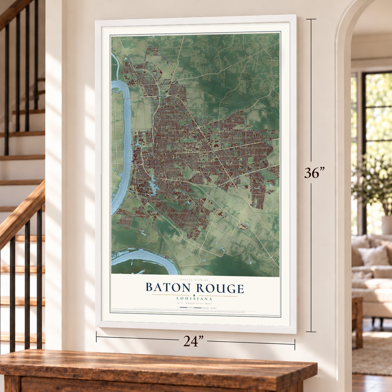 Baton Rouge, Louisiana map, 24 x 36 inch print in a white frame by a staircase