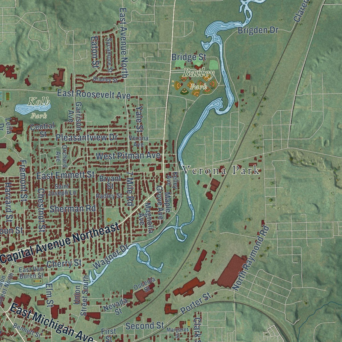 Second close-up of the map of Battle Creek, Michigan print showing more streets and buildings