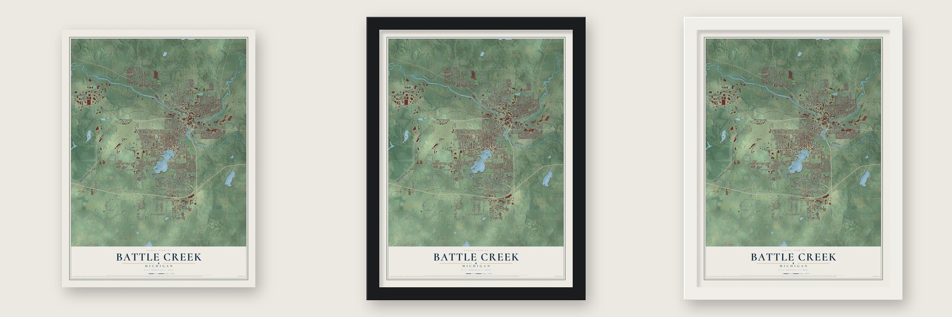 Battle Creek, Michigan map unframed, in a black wood frame and in a white wood frame