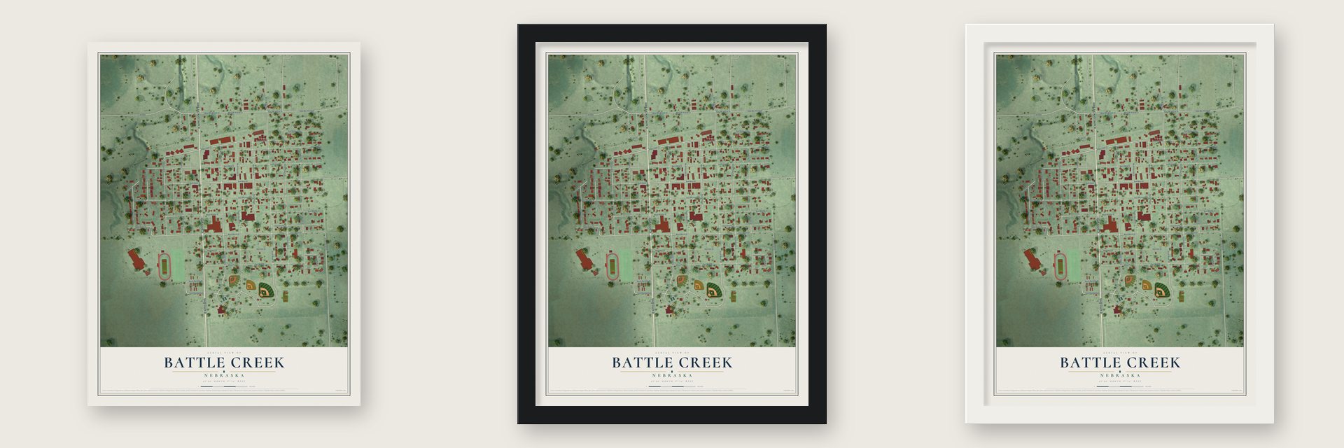 Battle Creek, Nebraska map unframed, in a black wood frame and in a white wood frame
