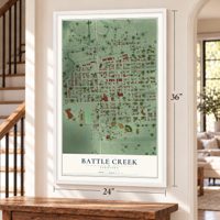 Battle Creek, Nebraska map, 24 x 36 inch print in a white frame by a staircase