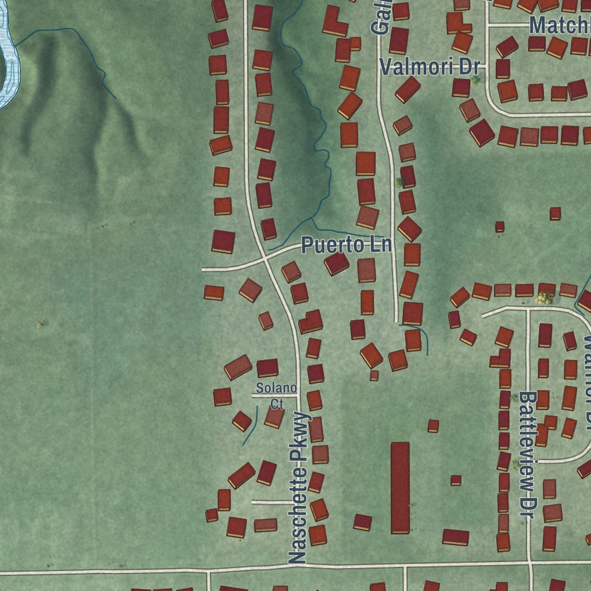 Second close-up of the map of Battle Ground, Indiana print showing more streets and buildings