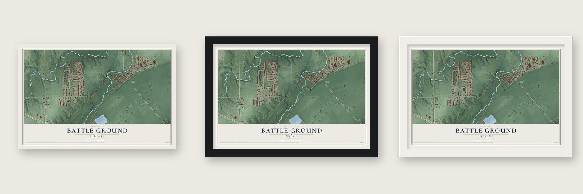 Battle Ground, Indiana map unframed, in a black wood frame and in a white wood frame