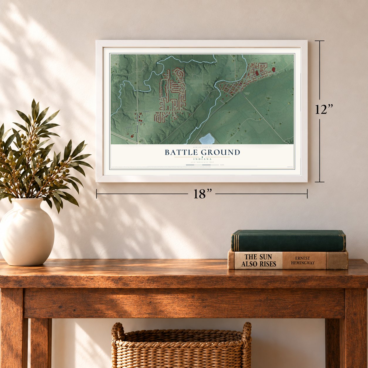 Battle Ground, Indiana map, 12 x 18 inch print in a white frame in an entryway