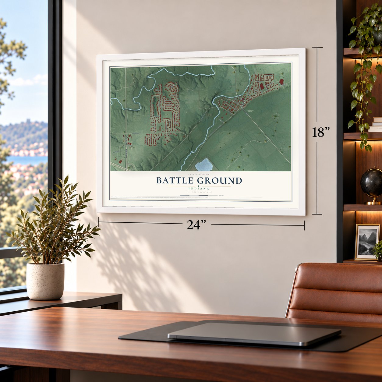 Battle Ground, Indiana map, 18 x 24 inch print in a white frame in a home office