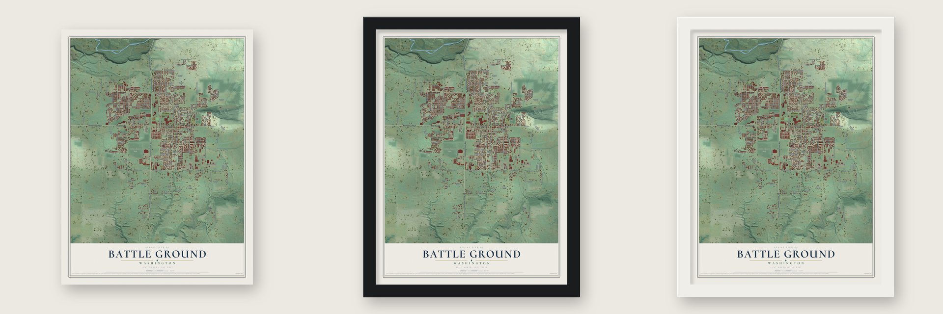Battle Ground, Washington map unframed, in a black wood frame and in a white wood frame