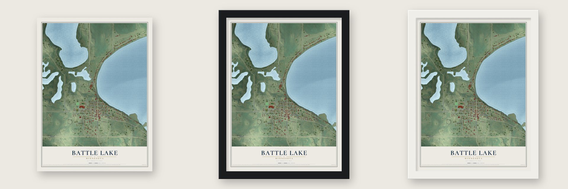 Battle Lake, Minnesota map unframed, in a black wood frame and in a white wood frame