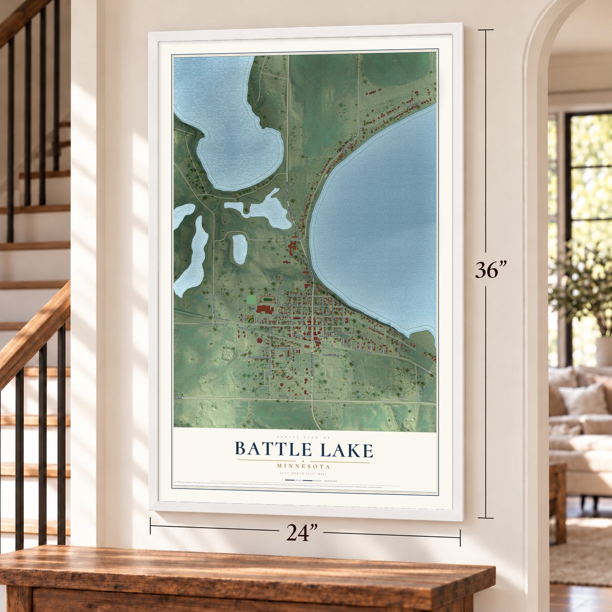 Battle Lake, Minnesota map, 24 x 36 inch print in a white frame by a staircase