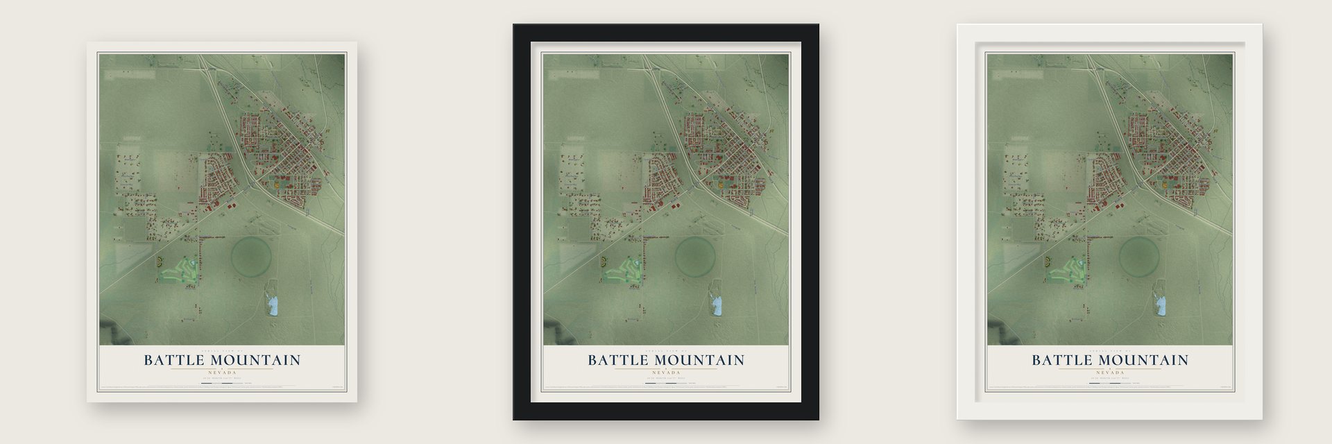 Battle Mountain, Nevada map unframed, in a black wood frame and in a white wood frame