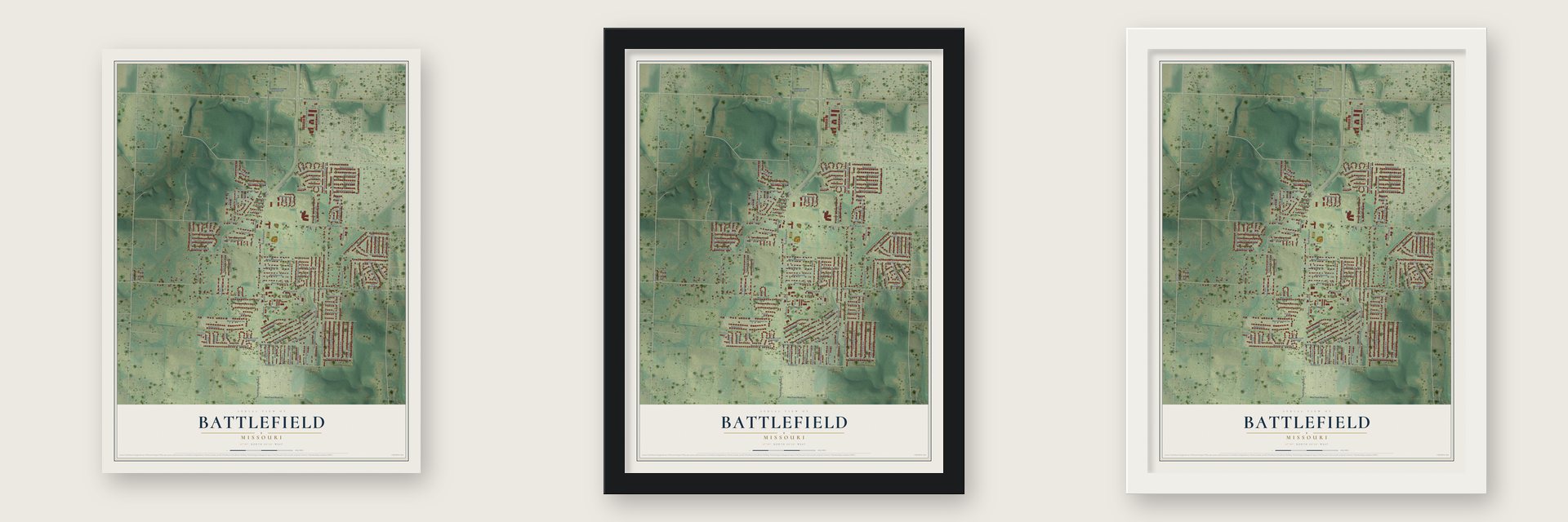 Battlefield, Missouri map unframed, in a black wood frame and in a white wood frame