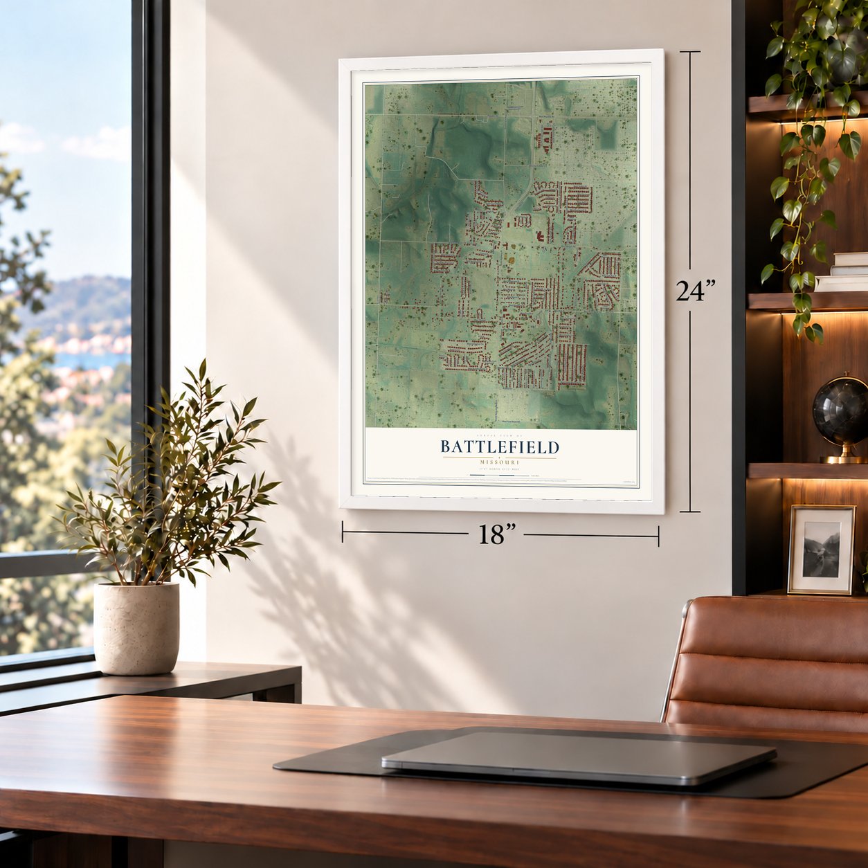 Battlefield, Missouri map, 18 x 24 inch print in a white frame in a home office