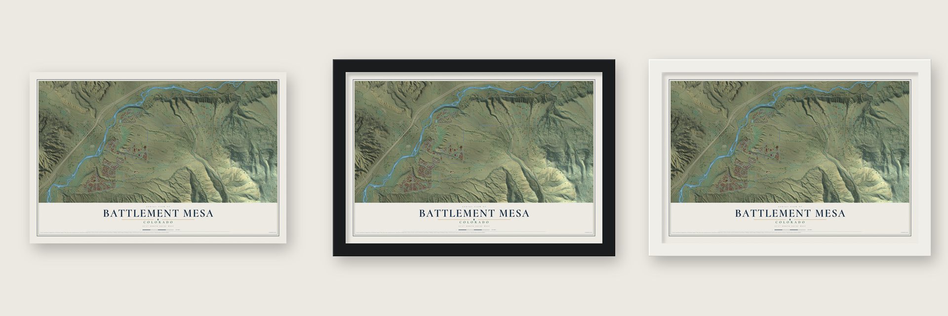 Battlement Mesa, Colorado map unframed, in a black wood frame and in a white wood frame