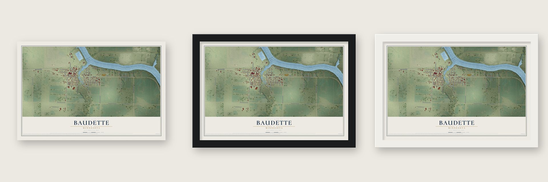 Baudette, Minnesota map unframed, in a black wood frame and in a white wood frame