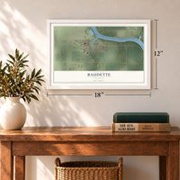 Baudette, Minnesota map, 12 x 18 inch print in a white frame in an entryway