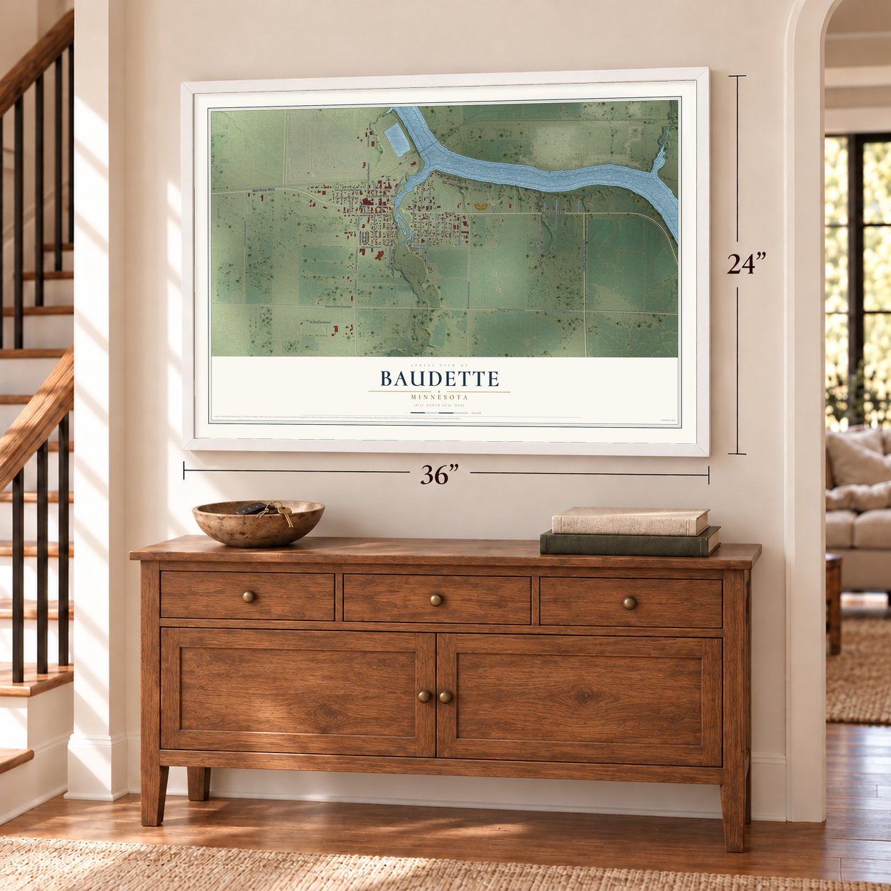 Baudette, Minnesota map, 24 x 36 inch print in a white frame above a dresser by a staircase