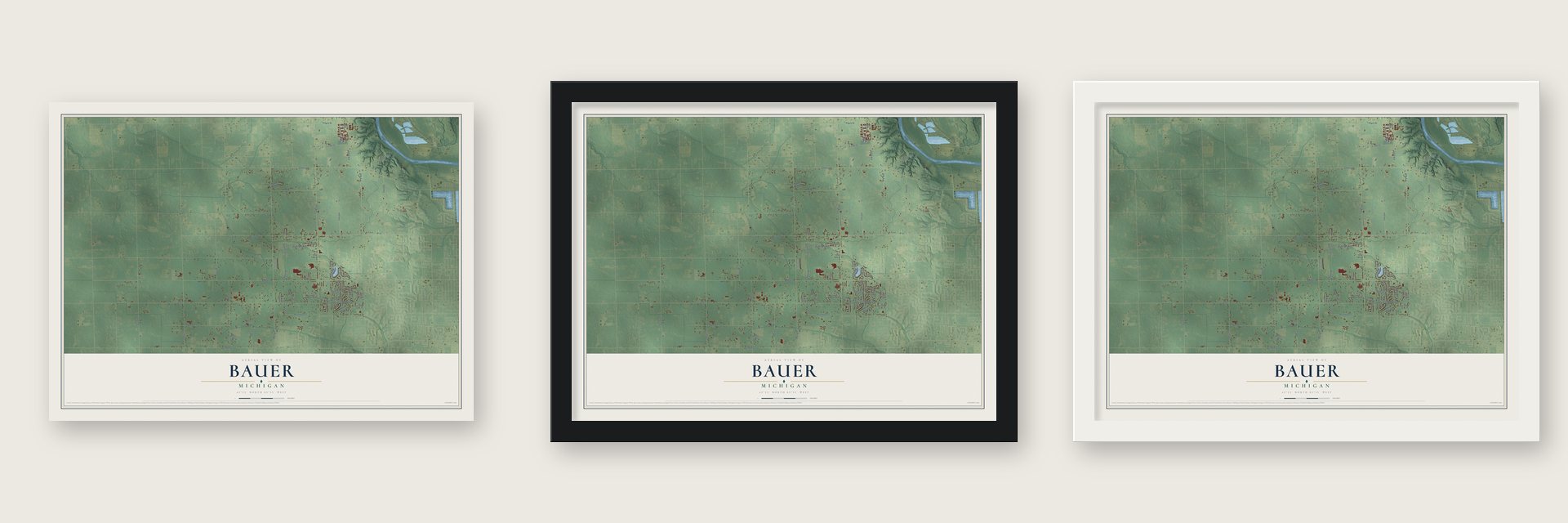 Bauer, Michigan map unframed, in a black wood frame and in a white wood frame