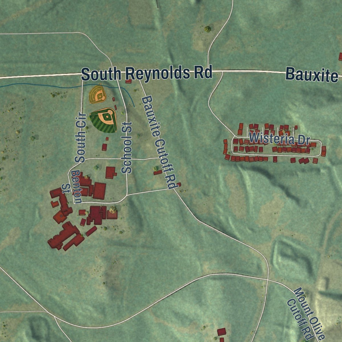 Second close-up of the map of Bauxite, Arkansas print showing more streets and buildings