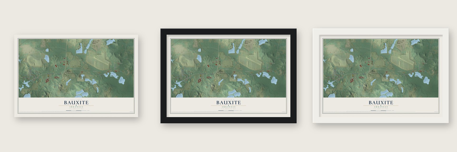 Bauxite, Arkansas map unframed, in a black wood frame and in a white wood frame