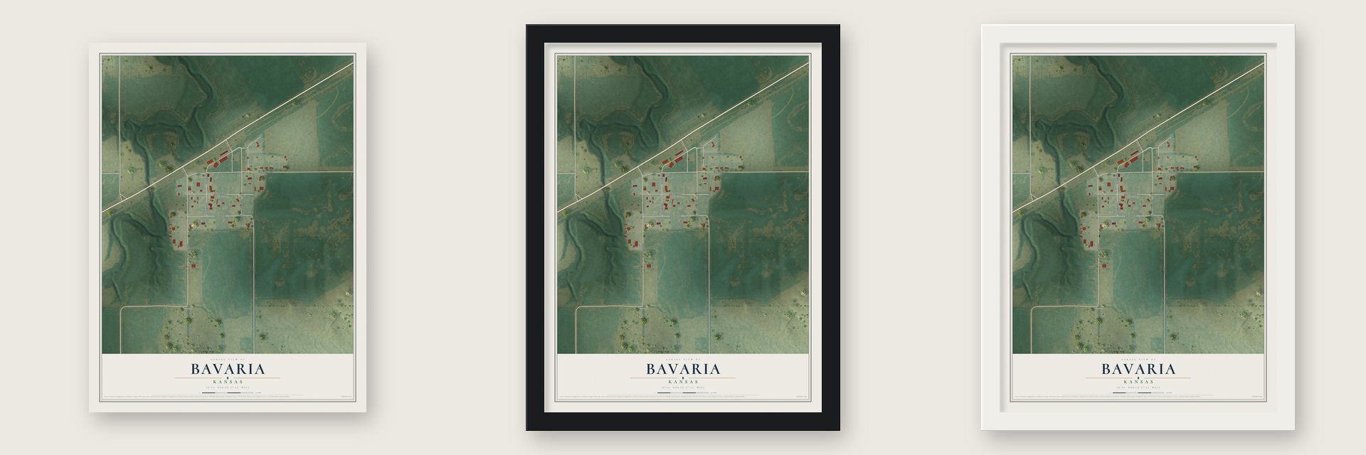Bavaria, Kansas map unframed, in a black wood frame and in a white wood frame