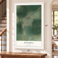 Bavaria, Kansas map, 24 x 36 inch print in a white frame by a staircase