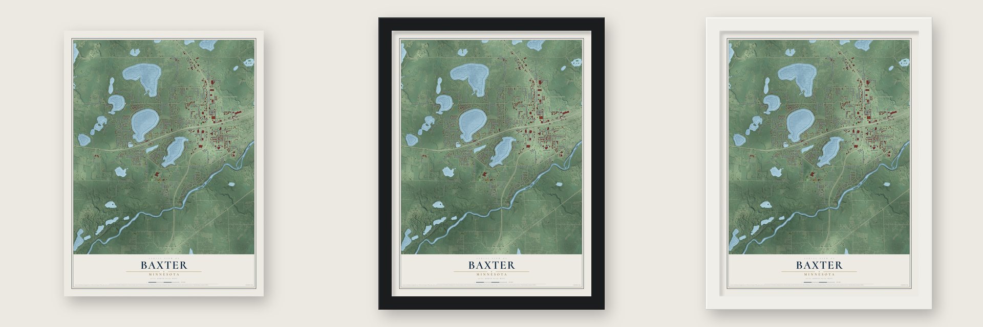 Baxter, Minnesota map unframed, in a black wood frame and in a white wood frame