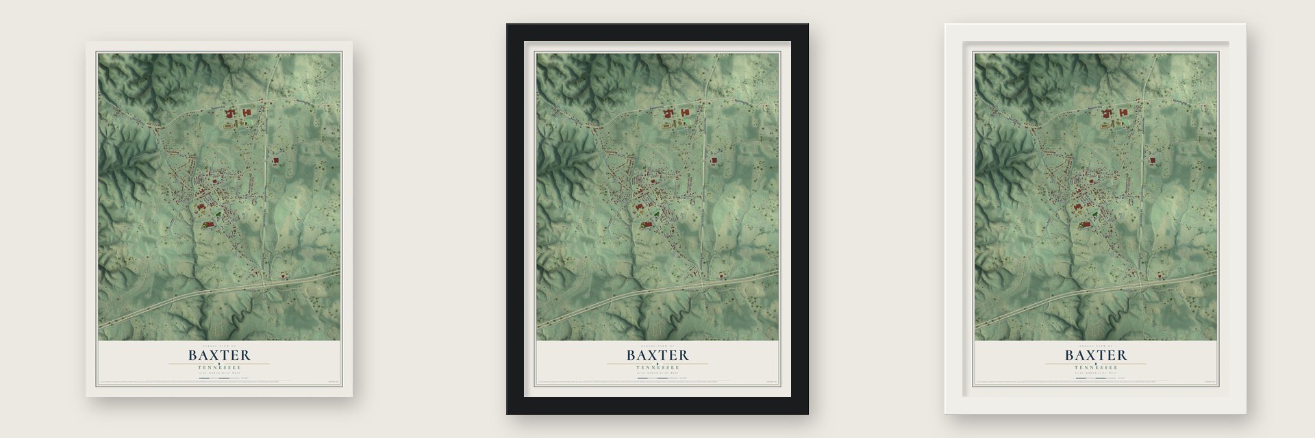 Baxter, Tennessee map unframed, in a black wood frame and in a white wood frame