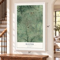 Baxter, Tennessee map, 24 x 36 inch print in a white frame by a staircase