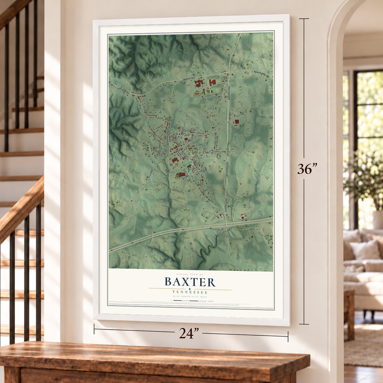Baxter, Tennessee map, 24 x 36 inch print in a white frame by a staircase