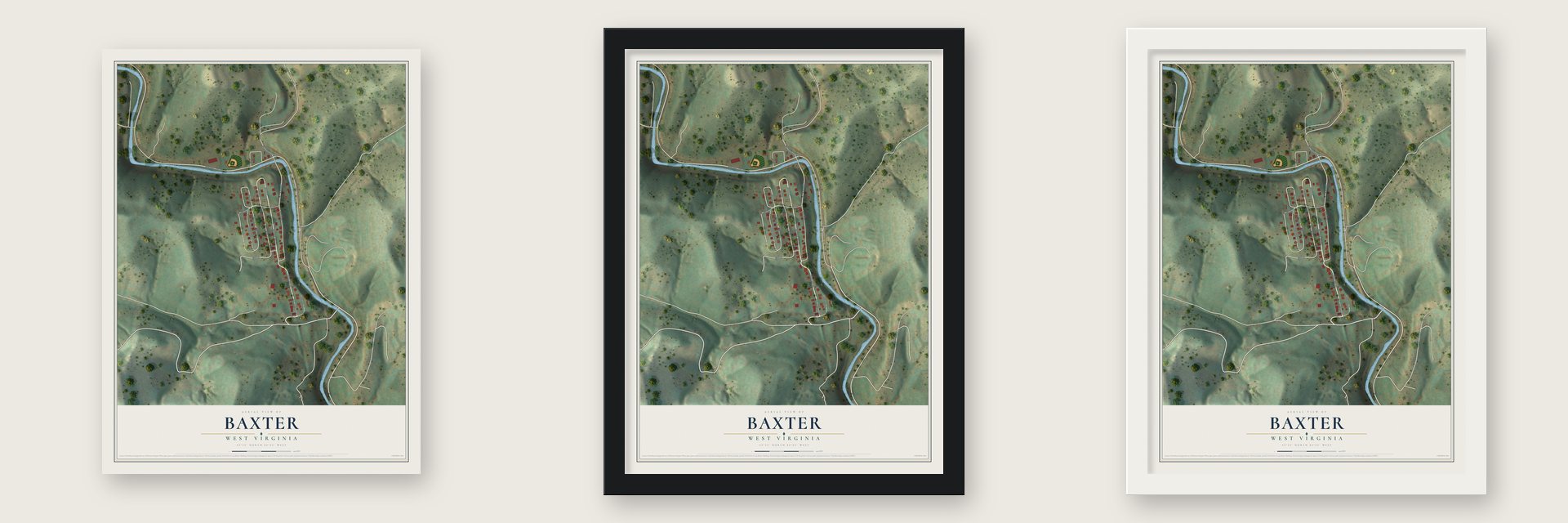 Baxter, West Virginia map unframed, in a black wood frame and in a white wood frame