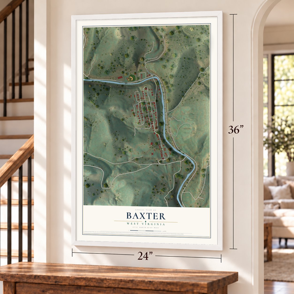 Baxter, West Virginia map, 24 x 36 inch print in a white frame by a staircase