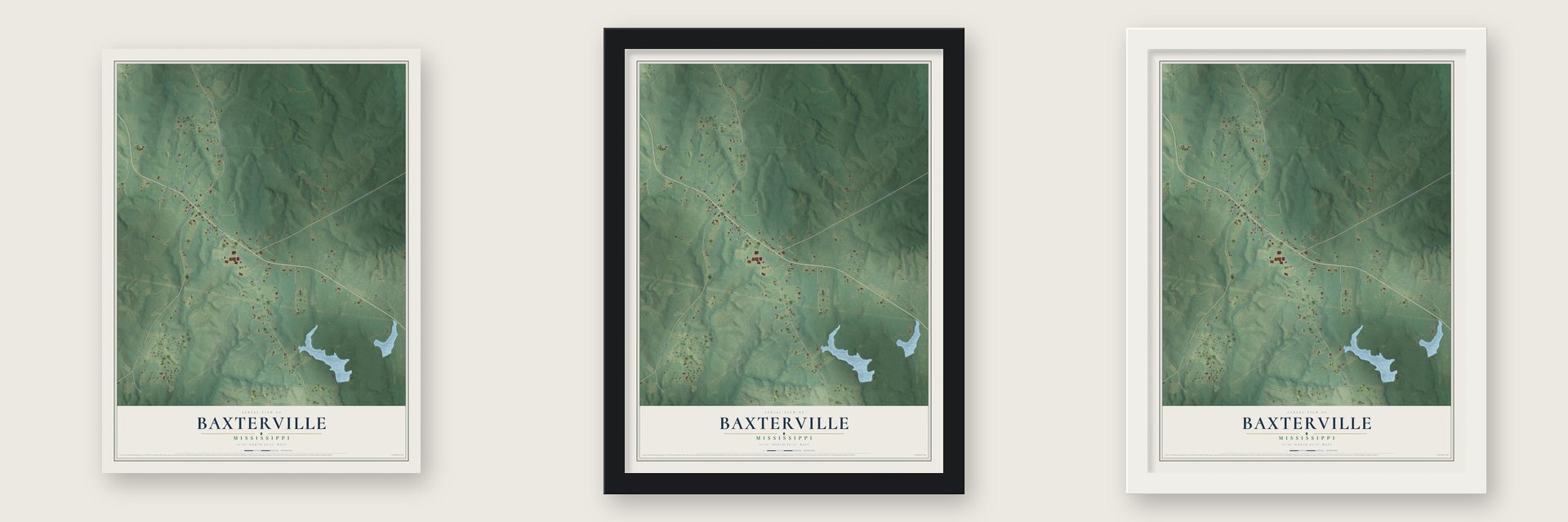 Baxterville, Mississippi map unframed, in a black wood frame and in a white wood frame