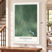 Baxterville, Mississippi map, 24 x 36 inch print in a white frame by a staircase
