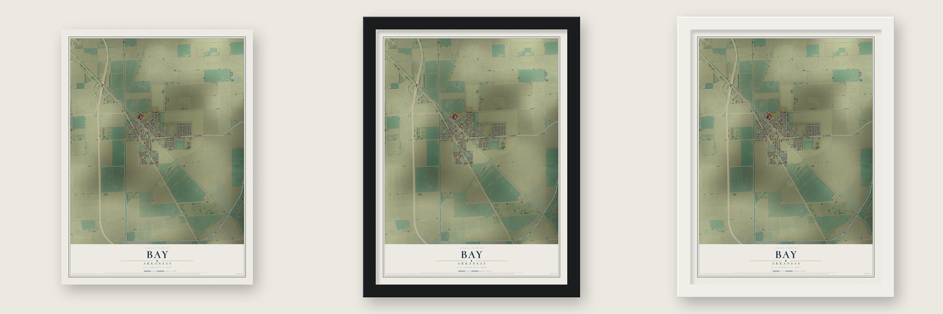 Bay, Arkansas map unframed, in a black wood frame and in a white wood frame