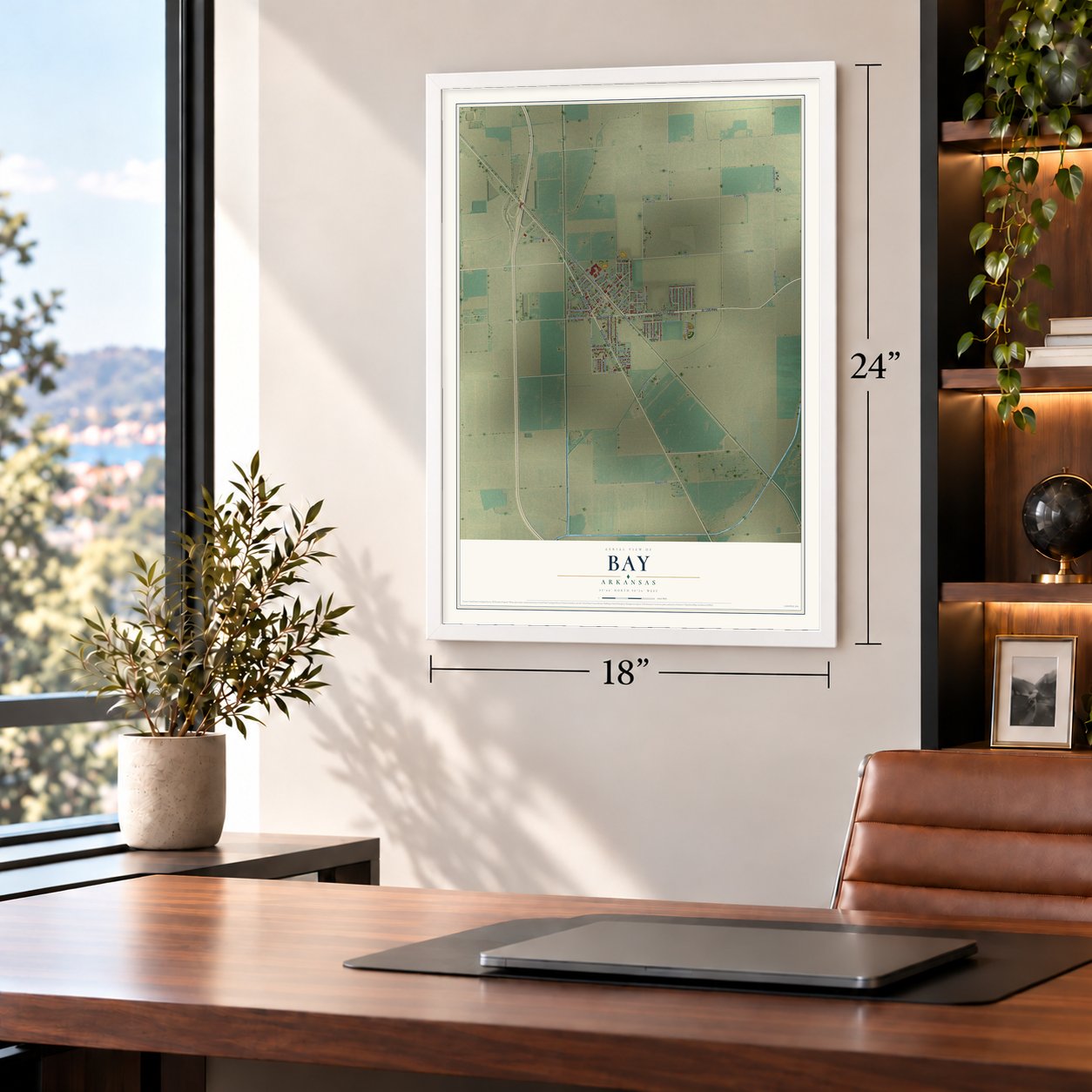 Bay, Arkansas map, 18 x 24 inch print in a white frame in a home office