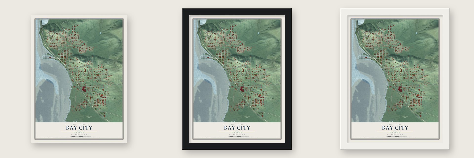 Bay City, Oregon map unframed, in a black wood frame and in a white wood frame