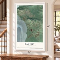 Bay City, Oregon map, 24 x 36 inch print in a white frame by a staircase