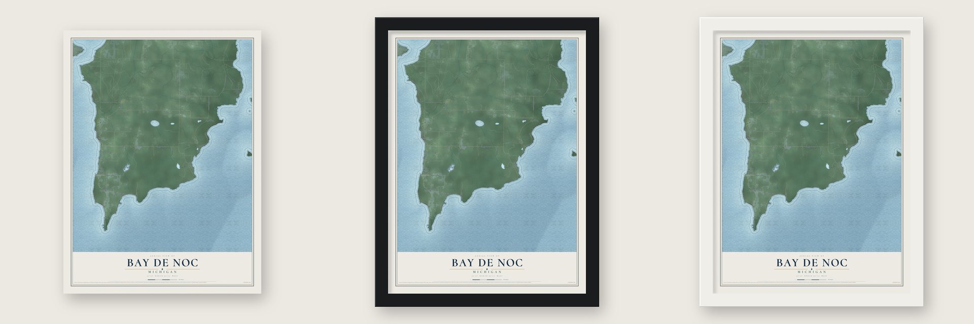 Bay de Noc, Michigan map unframed, in a black wood frame and in a white wood frame