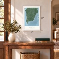 Bay de Noc, Michigan map, 12 x 18 inch print in a white frame in an entryway