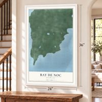 Bay de Noc, Michigan map, 24 x 36 inch print in a white frame by a staircase