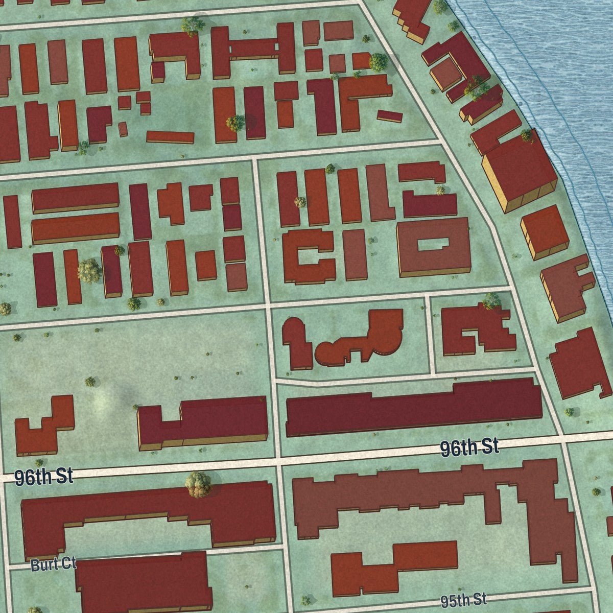 Second close-up of the map of Bay Harbor Islands, Florida print showing more streets and buildings