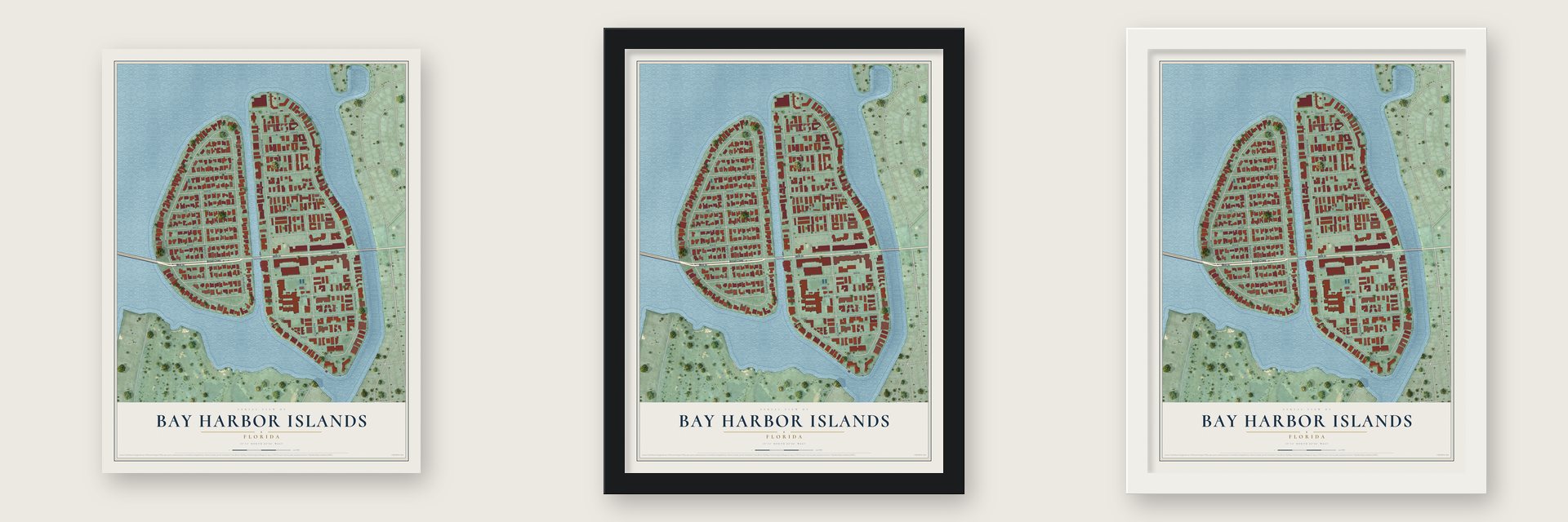 Bay Harbor Islands, Florida map unframed, in a black wood frame and in a white wood frame