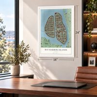 Bay Harbor Islands, Florida map, 18 x 24 inch print in a white frame in a home office