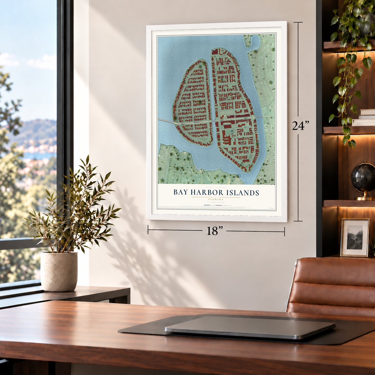Bay Harbor Islands, Florida map, 18 x 24 inch print in a white frame in a home office